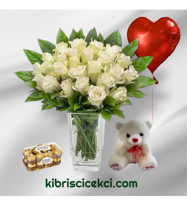 Vazoda 27 Beyaz Gül Ayıcık 16'lı Ferrero Çikolata Kalp Helyum Balon Vazoda 27 Beyaz Gül Ayıcık 16'lı Ferrero Çikolata Kalp Helyum Balon